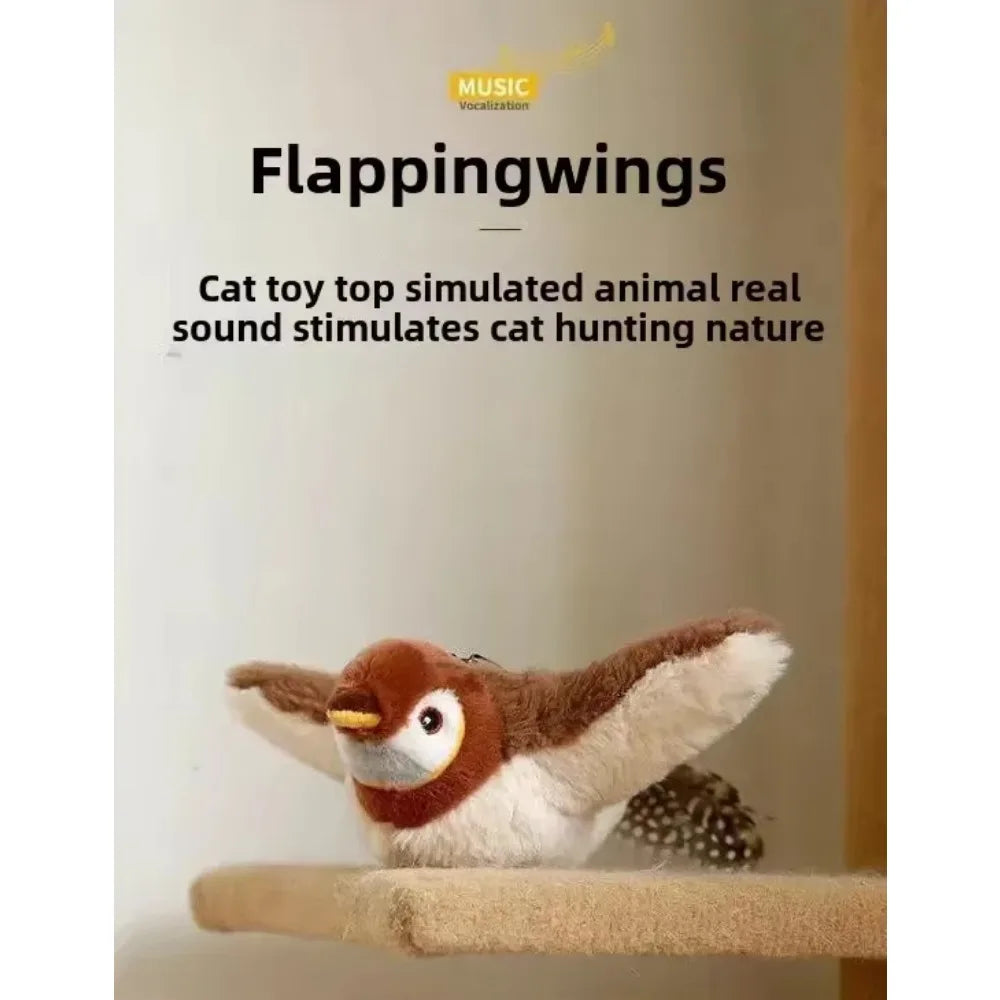 Interactive Cat Toys Rechargeable Electric Flapping Wings Bird Cat Toy Sound Chirping Bird Catnip Touch Activated Plush Toy