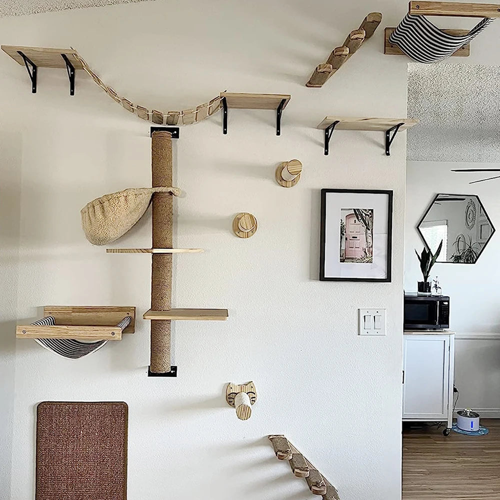 Cat Wall Climbing Shelf Four Step Stairway Scratching Post Bed Hiding House For Indoor Cats Tree Tower Pet Furniture Accessories