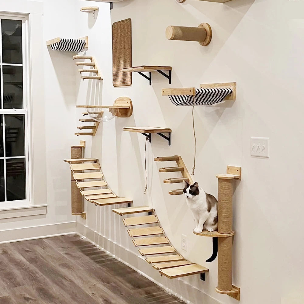 Cat Wall Climbing Shelf Four Step Stairway Scratching Post Bed Hiding House For Indoor Cats Tree Tower Pet Furniture Accessories