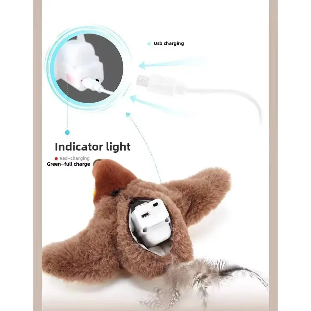 Interactive Cat Toys Rechargeable Electric Flapping Wings Bird Cat Toy Sound Chirping Bird Catnip Touch Activated Plush Toy