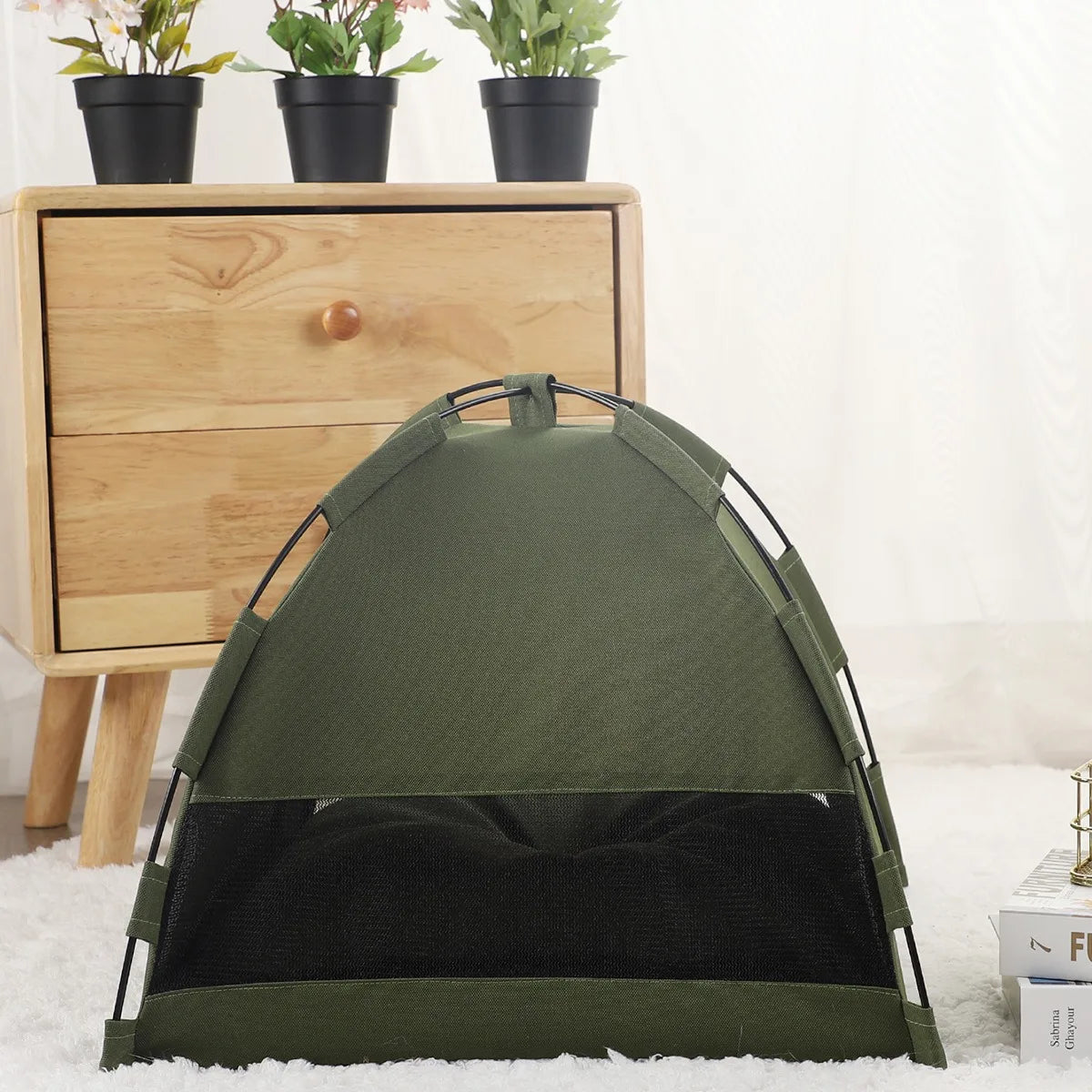 Summer Plain Color Pet Tent Bed, Breathable Canvas & Ice Silk Mat, Semi-Enclosed Design for Cats & Small Dogs Cats Beds