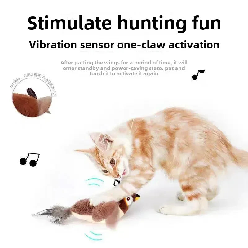 Interactive Cat Toys Rechargeable Electric Flapping Wings Bird Cat Toy Sound Chirping Bird Catnip Touch Activated Plush Toy