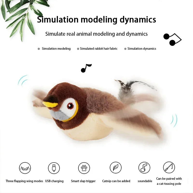 Interactive Cat Toys Rechargeable Electric Flapping Wings Bird Cat Toy Sound Chirping Bird Catnip Touch Activated Plush Toy